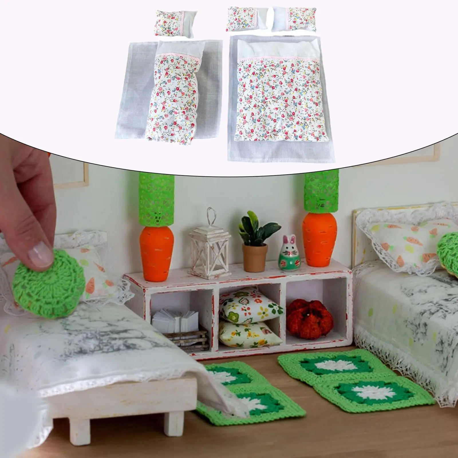 ตุ๊กตาชุดเครื่องนอน Pretend Play Dollhouse Decor รวม 2 แผ่น,2 ผ้านวมและ 3 หมอนสําหรับตุ๊กตา Cradles ตุ๊กตาเตียงอุปกรณ์เสริม