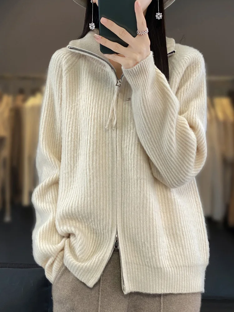 

Autumn Winter Women Cashmere Sweater Turn Down Collar 100% Merino Wool Knitwear Zippers Wool Cardigan Casual Loose Style