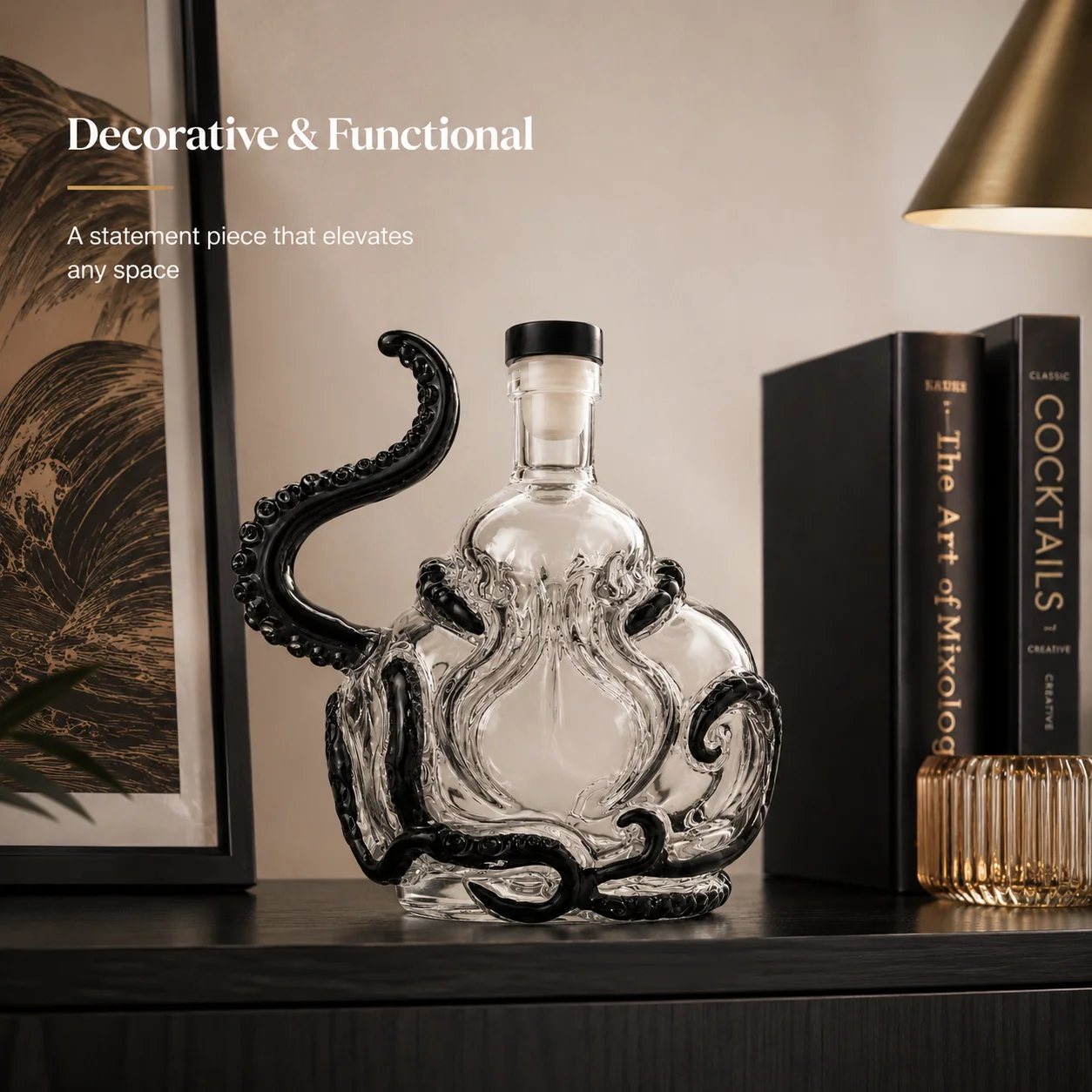 Octopus Glass Whiskey Decanter Creative Kraken Liquor Bottle with Stopper, Unique Home Bar Decor, Premium Wine Dispenser Gift