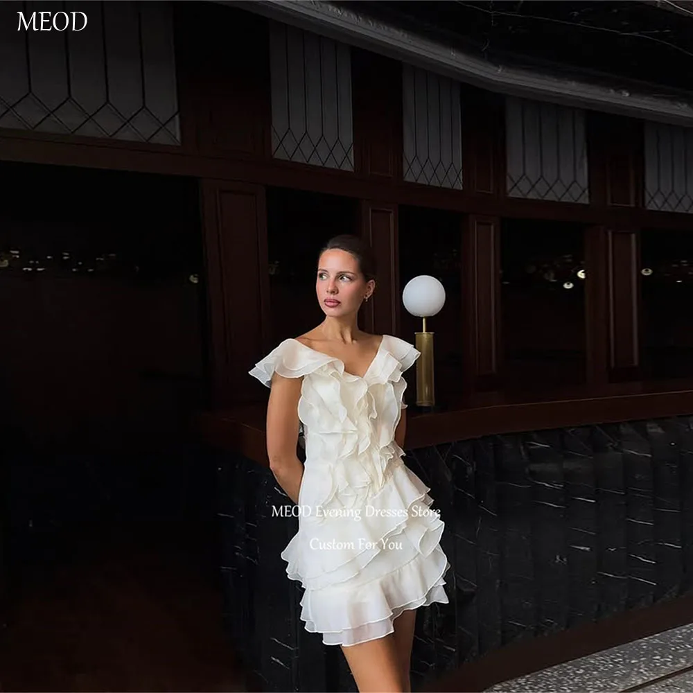 MEOD V Neck A Line Wedding Dress Short Sleeve Chiffon Bridal Gown Elegant Above Knee Length Backless Vestido De Festa Customized