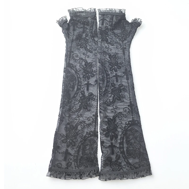 المرأة روز طباعة شبكة مثير لوليتا أسود شفاف طويل أصابع قفازات تأثيري أداء محرك واقية من الشمس غطاء للأكمام