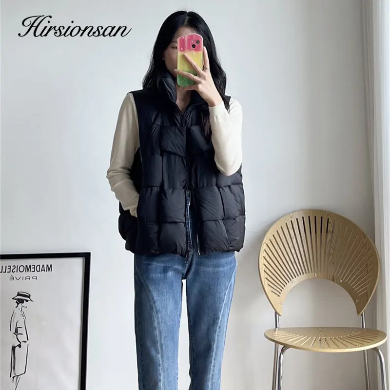 Hirsionsan Winter Gentle Solid Thick Warm Down Vest Women Loose Casual Minimalist All-match Coats Female Vintage Streetwear Tops