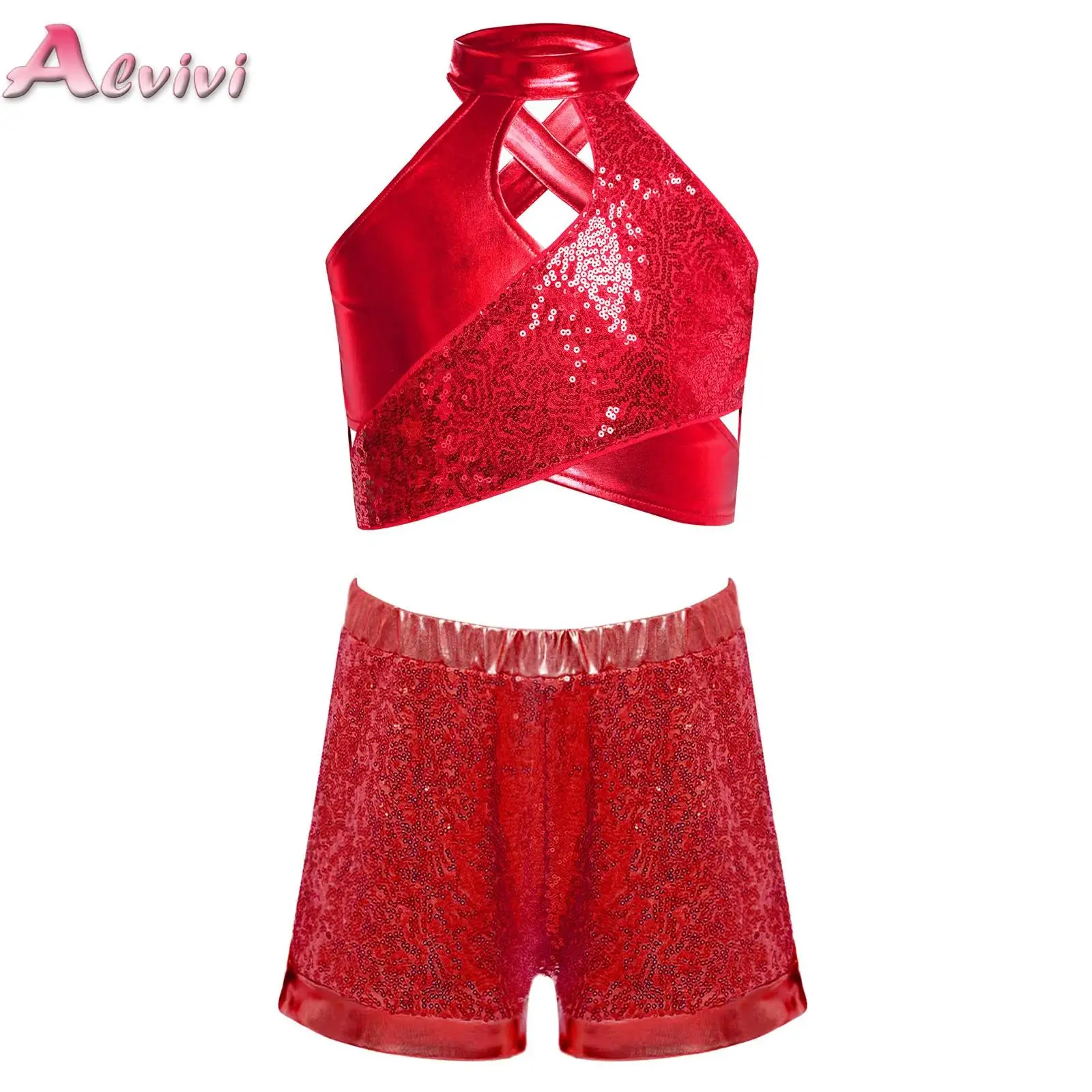

Kids Girls Jazz Hip Hop Dance Performance Costume Cross Keyhole Sparkly Sequins Metallic Crop Top with Shorts Dancewear Set