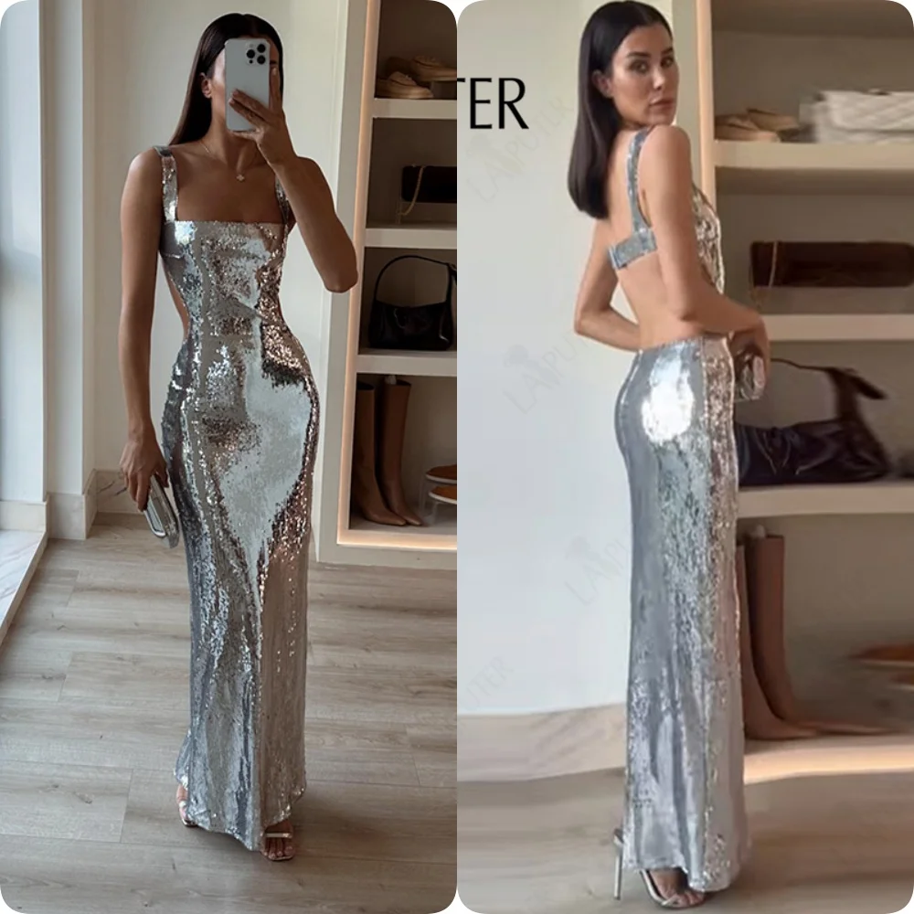 Sexy Fashion Metallic Evening Dresses Women Square Neck Silver Shoulder Straps Backless Sliming Lady Party Club Long Prom Gown