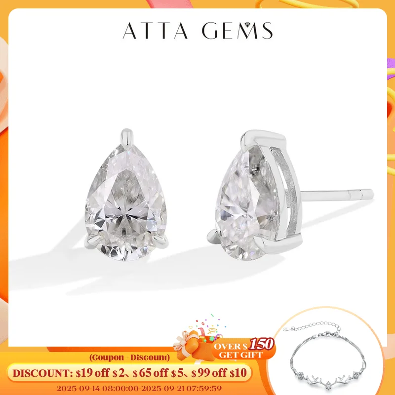 

ATTAGEMS D VVS1 Color Pear Cut 1CT 1.5CT Moissanite Stud Earrings for Women 100% S925 Sterling Silver Engagement Wedding Jewelry