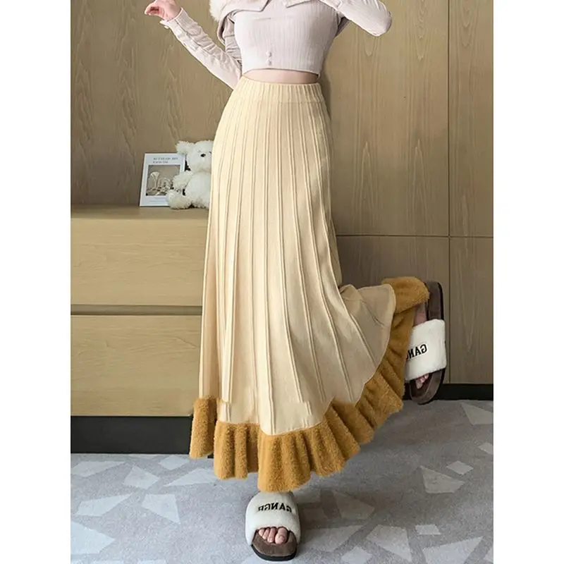 

High Waist Skirt Knitted Pendulum Skirt Fungus Edge Pleated Skirt Autumn and Winter New Gentle Wind Pear Shape
