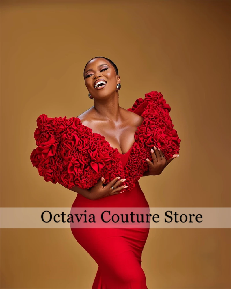 Aso Ebi African Red Off The Shoulder Evening Dresses For Black Girls Ruffles 2024 Birthday Luxury Dress Formal Gown Customized