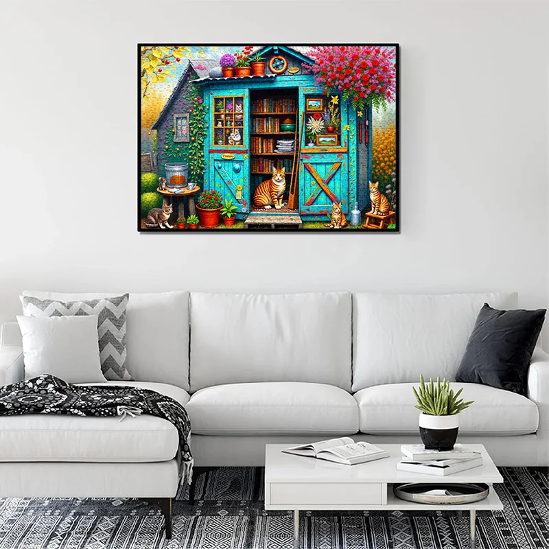 لغز 500/1000 قطعة - منزل خشبي ساحر مع قطة وزهور وكتب، ألوان نابضة بالحياة، تصميم رائع، مثالي لديكور المنزل