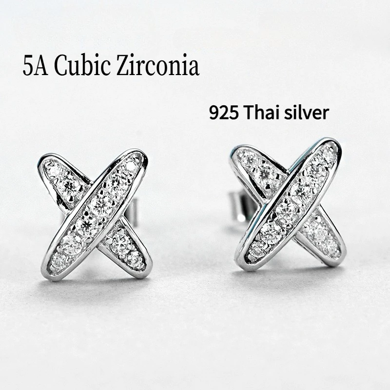 Ohrringe aus 925er Thai-Silber, volle 5A-Zirkonia-Kreuz-Ohrringe, zierliche X, trendige Ohrstecker für Frauen, minimalistischer Modeschmuck