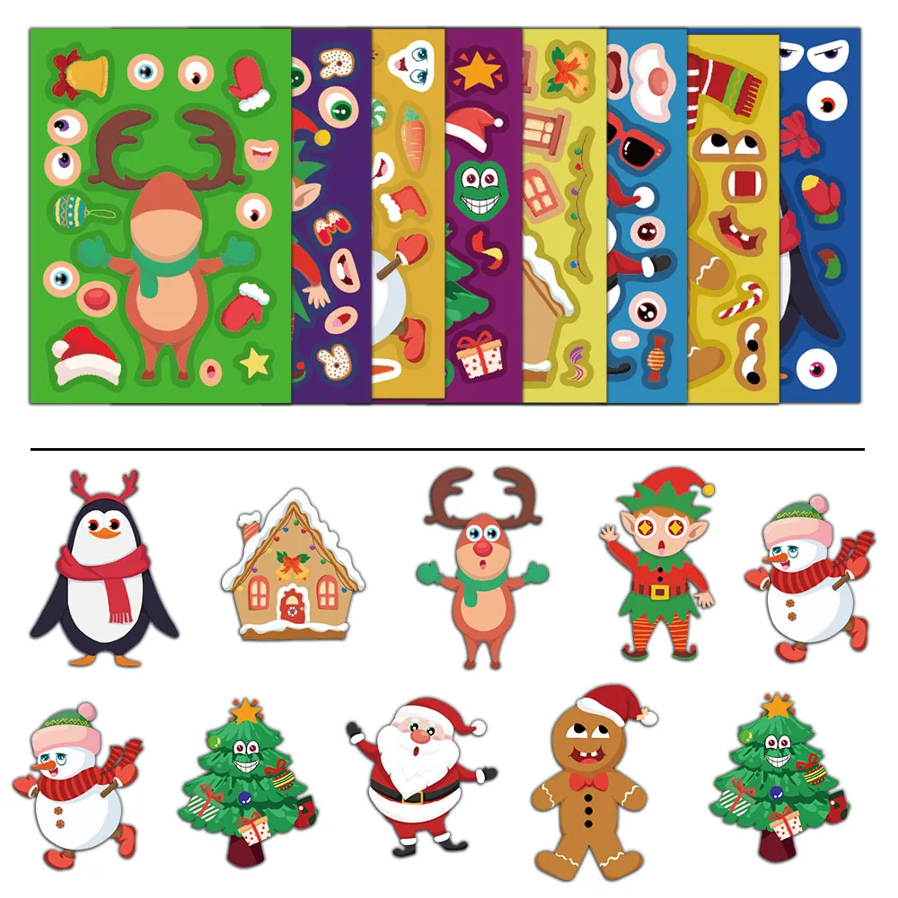 8PCS Creative Christmas Face Changing Series Stickers, Handbooks, Skateboards, Notebooks, Gooka Stickers