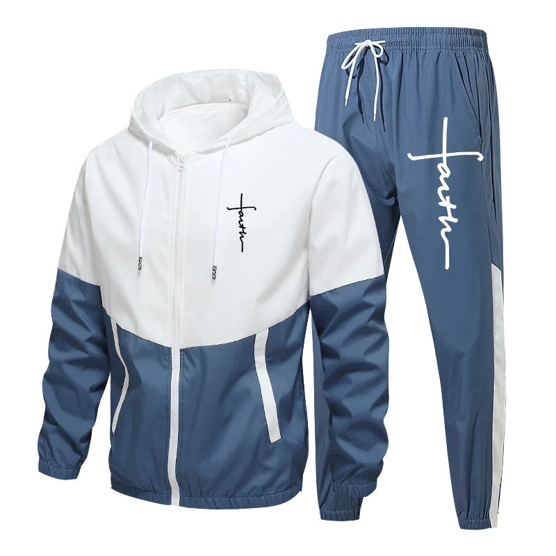Men Sets Winter Tracksuit 2 Piece Running Hoodies Autumn Male Faith Printed Zipper Jackets  Sport Joggers Sweatpants Suit