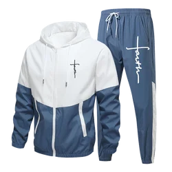 Men Sets Winter Tracksuit 2 Piece Running Hoodies Autumn Male Faith Printed Zipper Jackets  Sport Joggers Sweatpants Suit