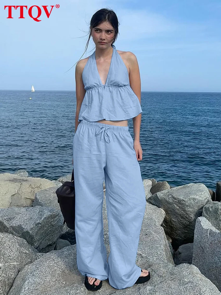 

TTQV Summer Loose Blue Cotton Trousers Set 2 Piece Woman 2026 Sexy Sleeveless Tank Top With High Waist Wide Pants Set Female