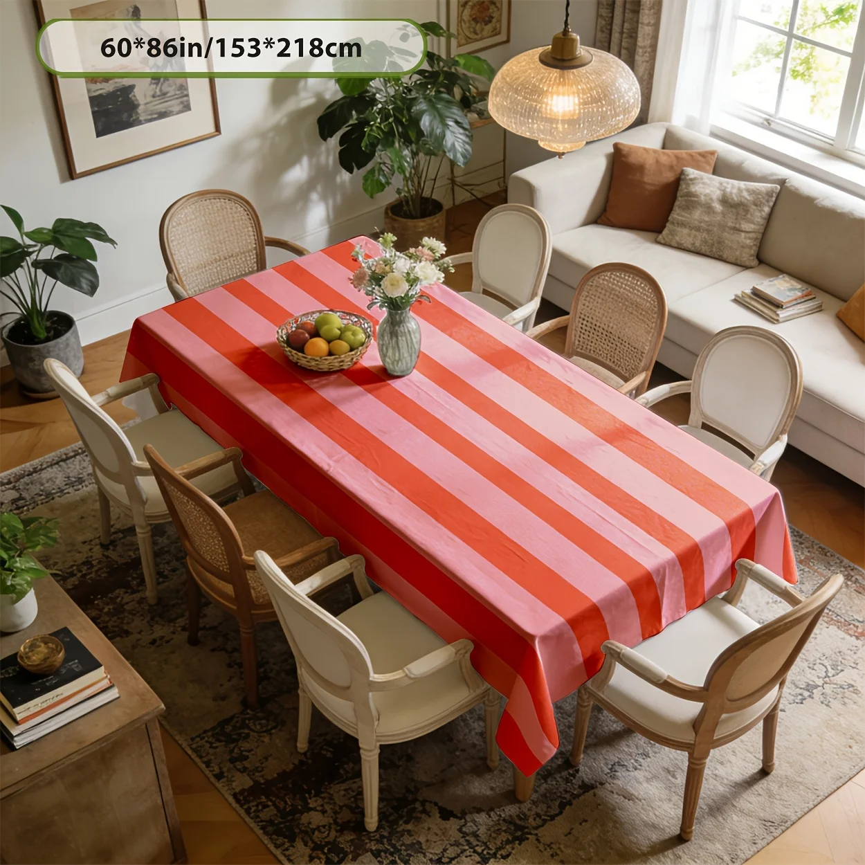 One rectangular tablecloth with orange and pink striped pattern, made of durable polyester fabric.