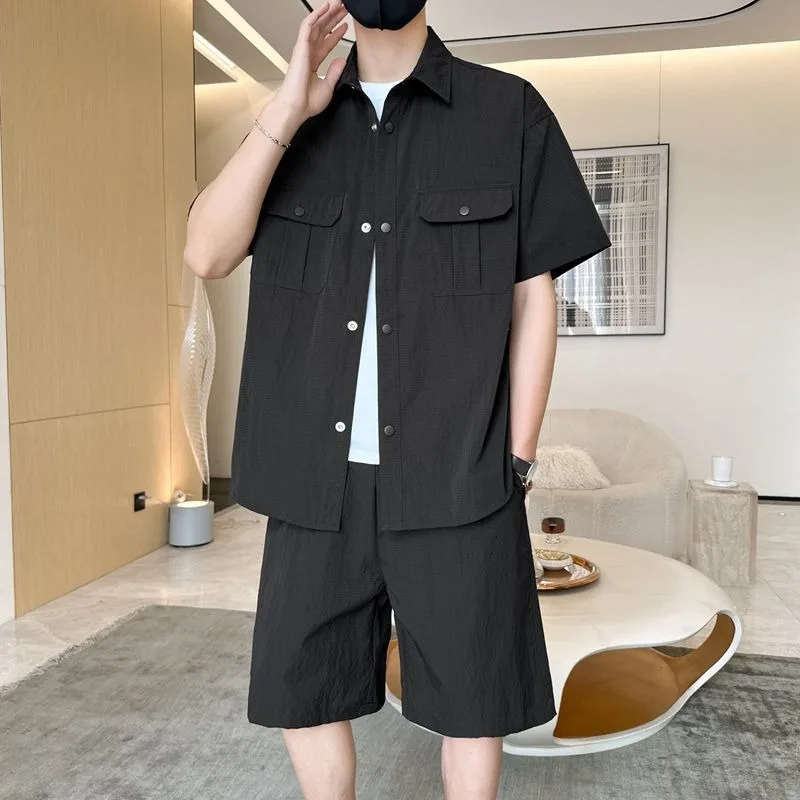 Ice Silk Large Size Suit Men Summer Trend Short-sleeved Shirts Shorts Casual High-end Wear Two-piece Set Solid Color Loose Tops