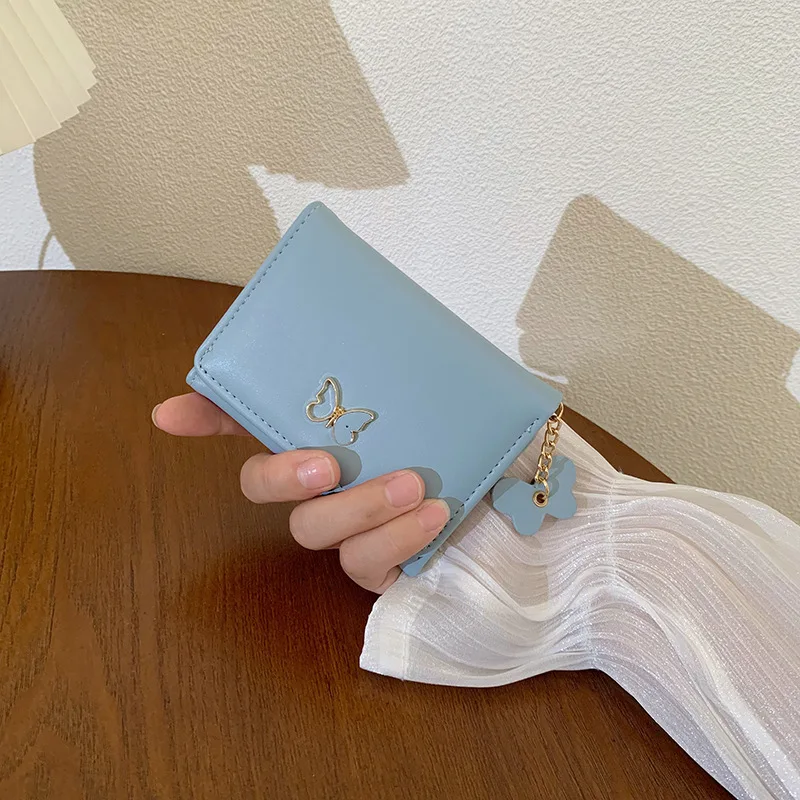Women's Compact Tri-Fold Wallet with Butterfly Decoration, Small Coin Purse Card Holder with Chain Pendant