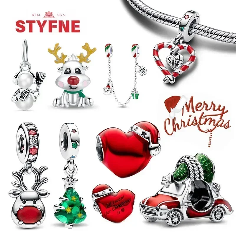 925 Sterling Silver Christmas Tree Heart Charm Beads For Original Bracelet Pendant for Women DIY fine Jewelry Christmas Gifts