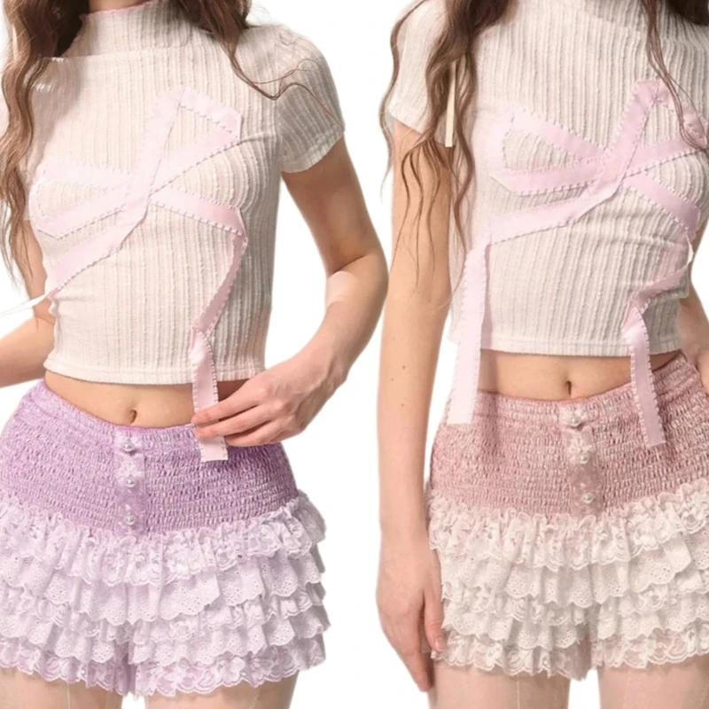 Feminine Pink Lace Shorts Breathable Fabric Comfortable and Breathable Women's Shorts for Home or Casual Outings