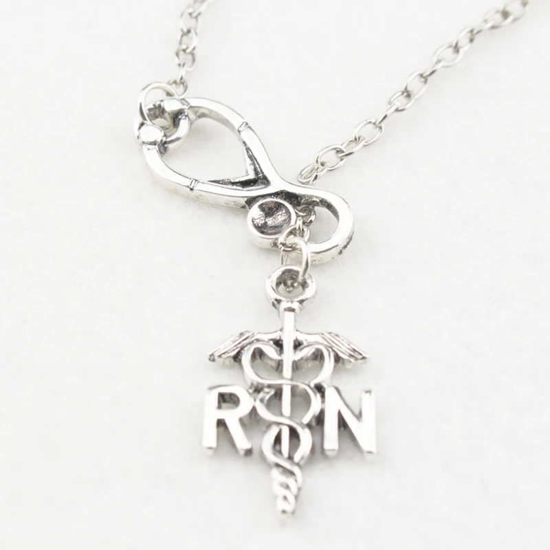 RN Nurse Medical Stethoscope Lariat Pendant Necklace Fashion Metal Choker Jewelry Accessories Christmas Gift for Doctor