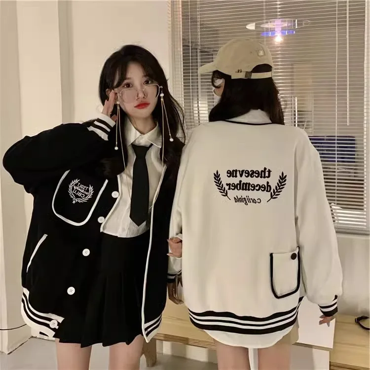 Women Loose Baseball Coat Stand Collar Student Pockets Jacket Open Cardigan Button Closure Letter Print Patchwork Color Jacket
