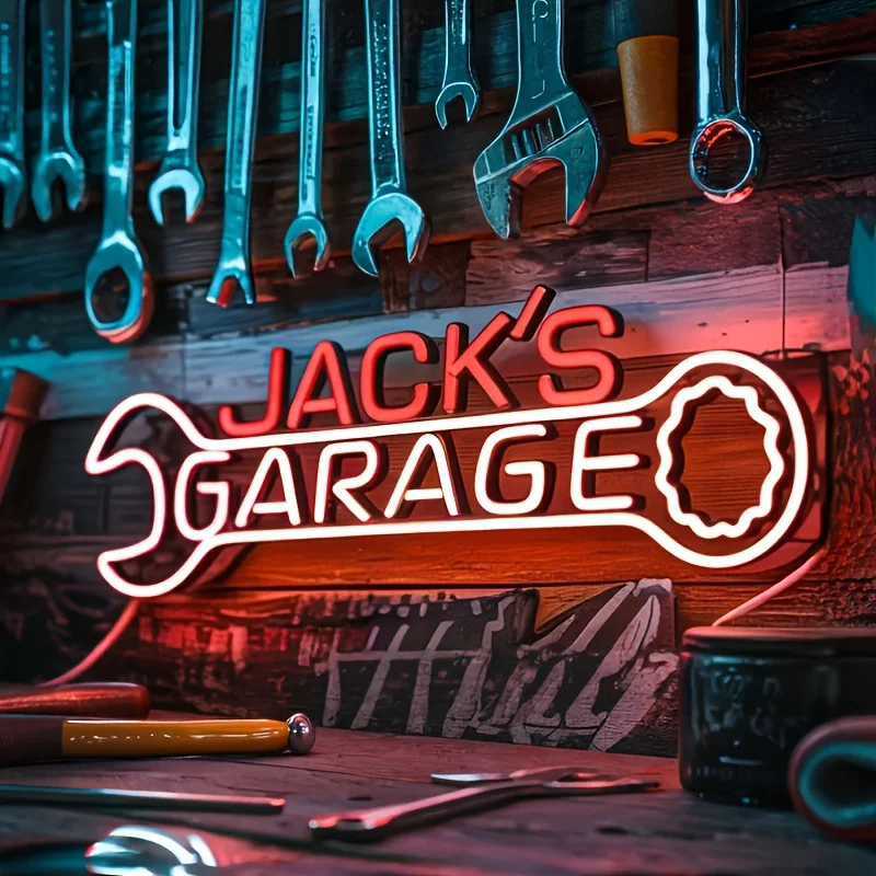 

Неоновая вывеска Custom Jack's Garage, светодиодный настенный светильник в форме гаечного ключа, персонализированный декор для мастерской, идеальный подарок для автомехаников