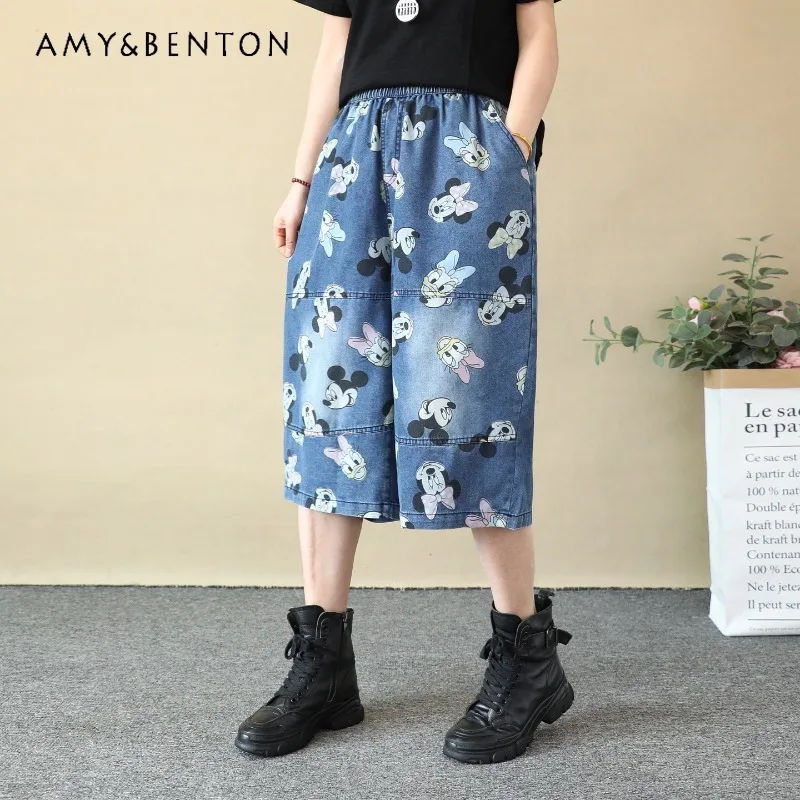 

Винтажные джинсовые шорты с эффектом потертости и мультяшным принтом Y2K, женские, свободного кроя, оверсайз, прямые, легкие, джинсовые капри-брюки