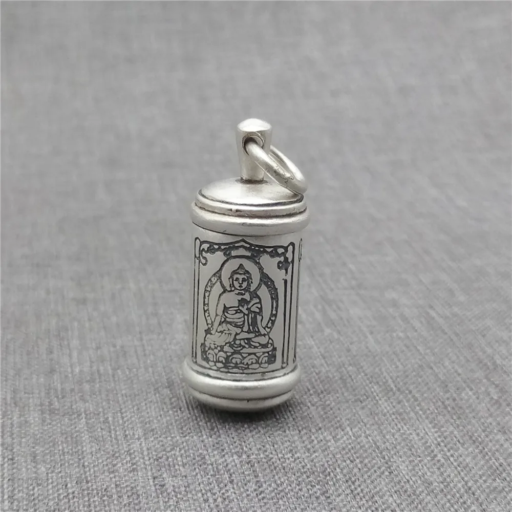 

990 Fine Silver Cylinder Prayer Box Pendant Sterling Silver Om mani padme hum Lotus Buddha