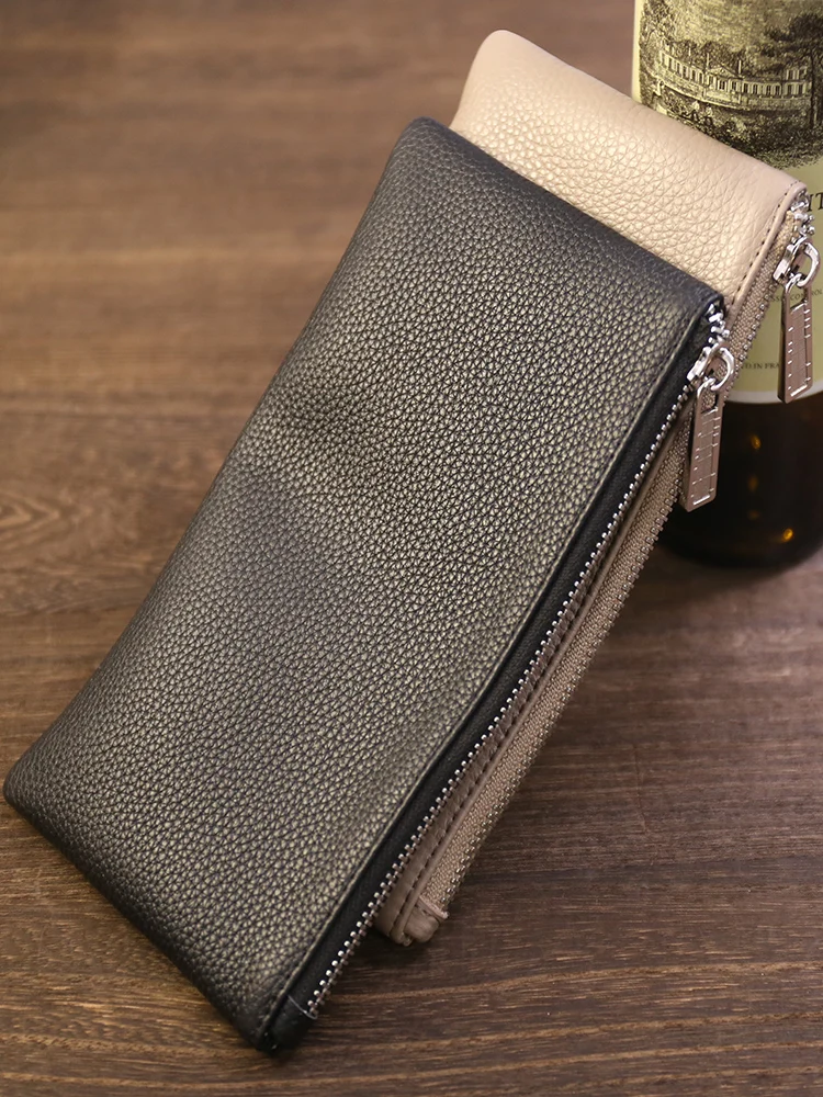 Genuine Leather Wallet Zipper Long Large Capacity Phone Card Money Clip Coin Purse Solid Color Litchi Pattern  Clutch Bag