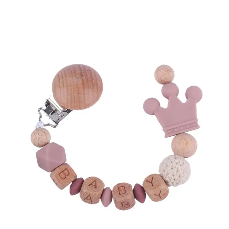 Handgemachte Buche Holz Baby Schnuller Kette Krone Silikon Perlen Säugling Beschwichtigen Schnuller Clips Anti-Drop Schnuller Halter Nippel Clip