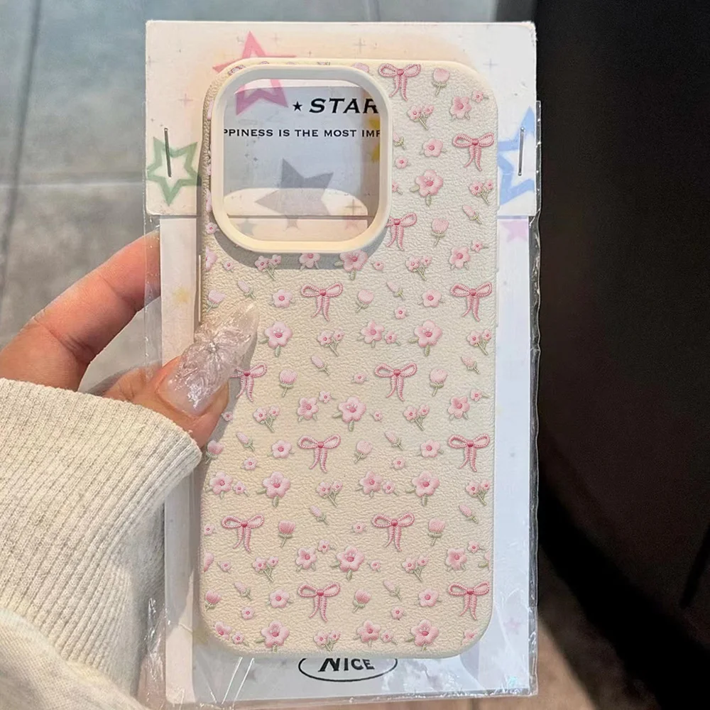 Cute Pink Flower Phone Case For iPhone 16 15 13 11 14 12 17 Pro Max Air Plus Leather Lichee Pattern Shockproof Soft Cover Fundas