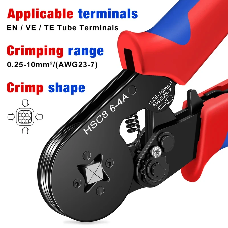 HSC8 6-4A Ferrule Crimping Tool Tubular Terminal Crimper 0.25-10mm² 23-7AWG Electrician Hand Wire Clamp Pliers