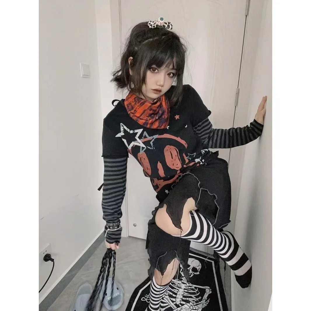 Gothic Punk Women T-shirt Autumn Abipunk Millennium Print Long Sleeve Fake Two Piece T-shirt Harajuku Rock Loose Top Women