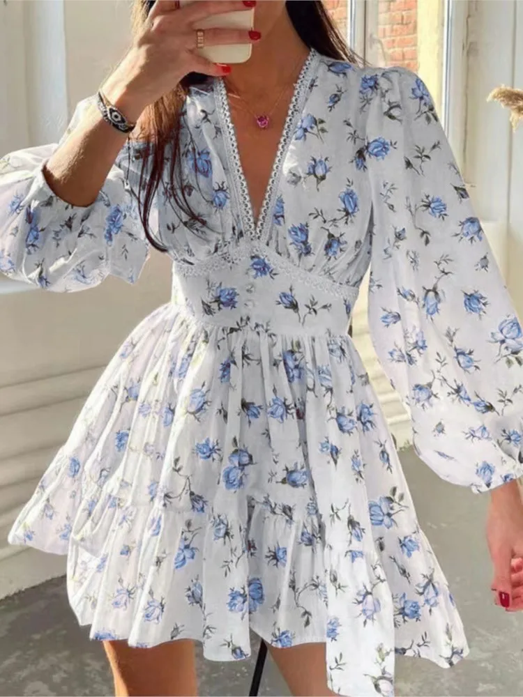 

Women Floral Print Mini Dress High Spring Summer V Neck Long Sleeve Waist A-Line Dresses Vintage Beach Vacation Casual Vestidos