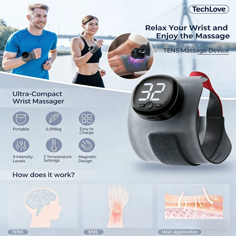 

Новый домашний электрический массажер для запястий с функцией EMS, интеллектуальной регулировкой и горячим компрессом, для снятия боли в сухожилиях и сухожильных влагалищах.