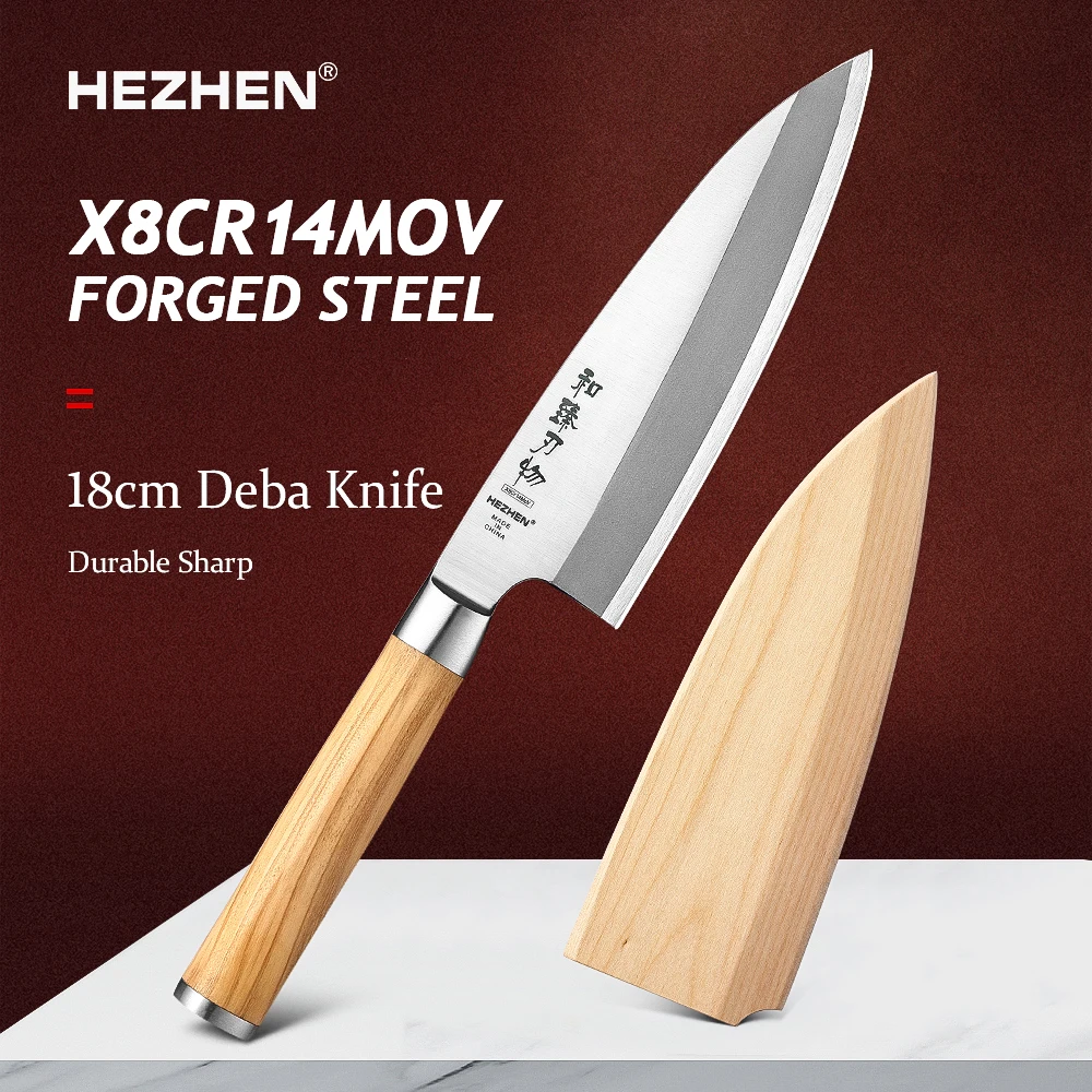 HEZHEN 18cm Deba Knife X8Cr14MoV Forged Steel With Wooden Sheath High Quality Olive Wood Handle Kitchen Accessories