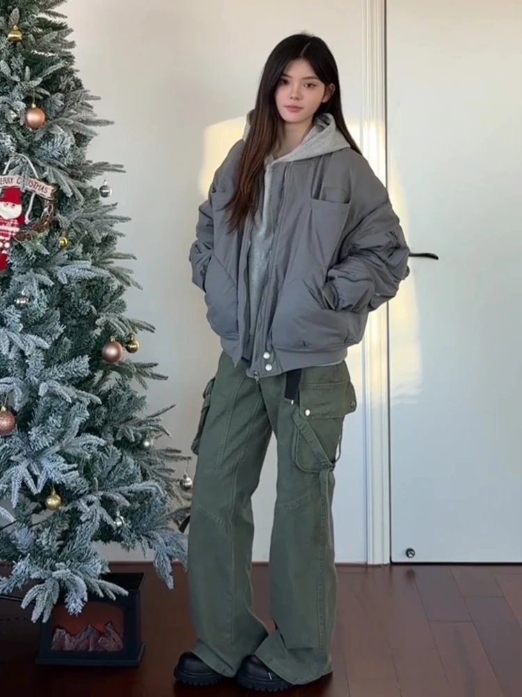 

Мужская хлопковая куртка Harajuku в стиле американского бейсбольного бомбера, свободного кроя, молодежная, трендовая, с множеством карманов, для зимы и работы