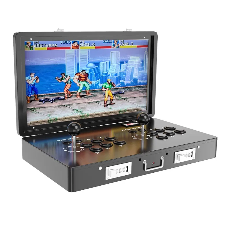 Portable self-contained screen foldable joystick arcade game machine connected to TV home fighting machine