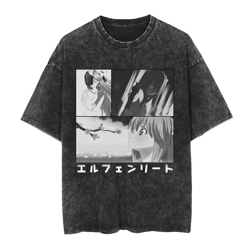 Summer Hot Japanese Anime Elfen Lied Retro Washed Vintage T-shirt Streetwear Casual Harajuku Pattern Short-sleeved Trendy