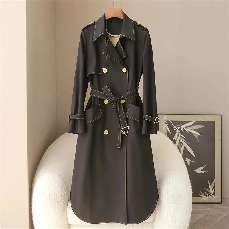 

Women Fashion With Belt Solid Double Breasted Trench Vintage Lapel Neck Long Sleeves Female Chic Lady Outfits