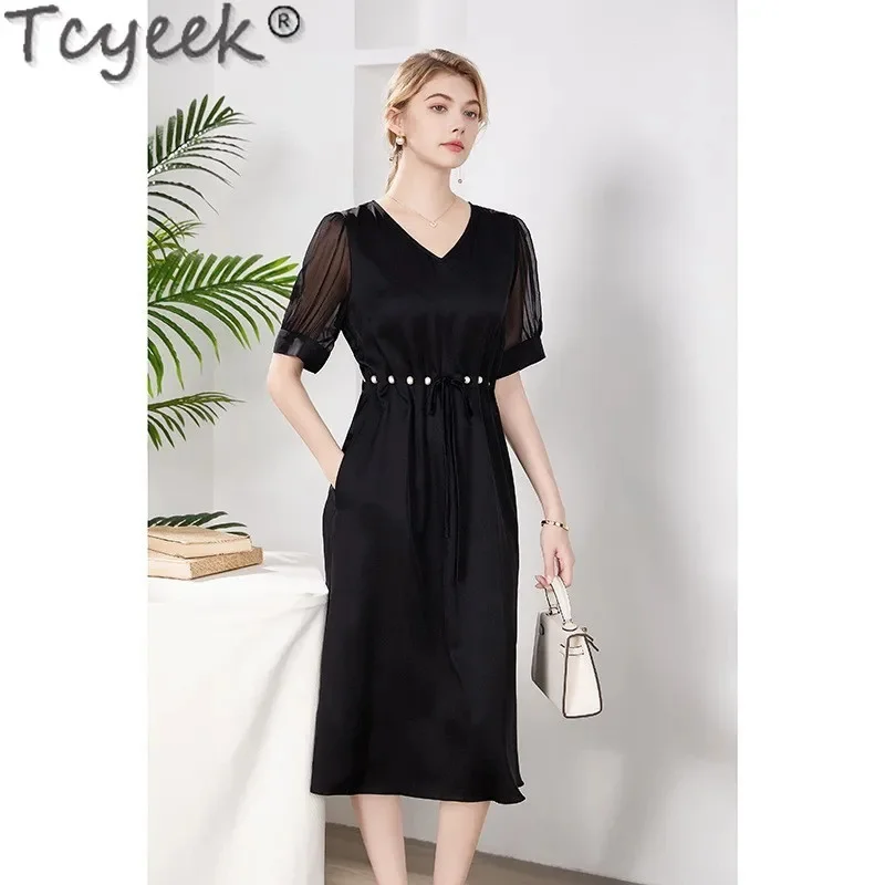 Tcyeek-Robe à col en V française pour femme, Mulberry Inj, Vêtements d'été haut de gamme, Robe élégante pour femme, 92.3%, 2024