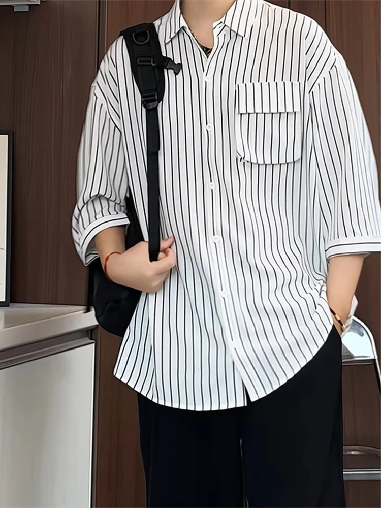 Men's Summer Ice Silk Short Sleeve Striped Shirt Casual Loose Fit Button up Workwear Jacket Youth Trendy Seven Inch Sleeve