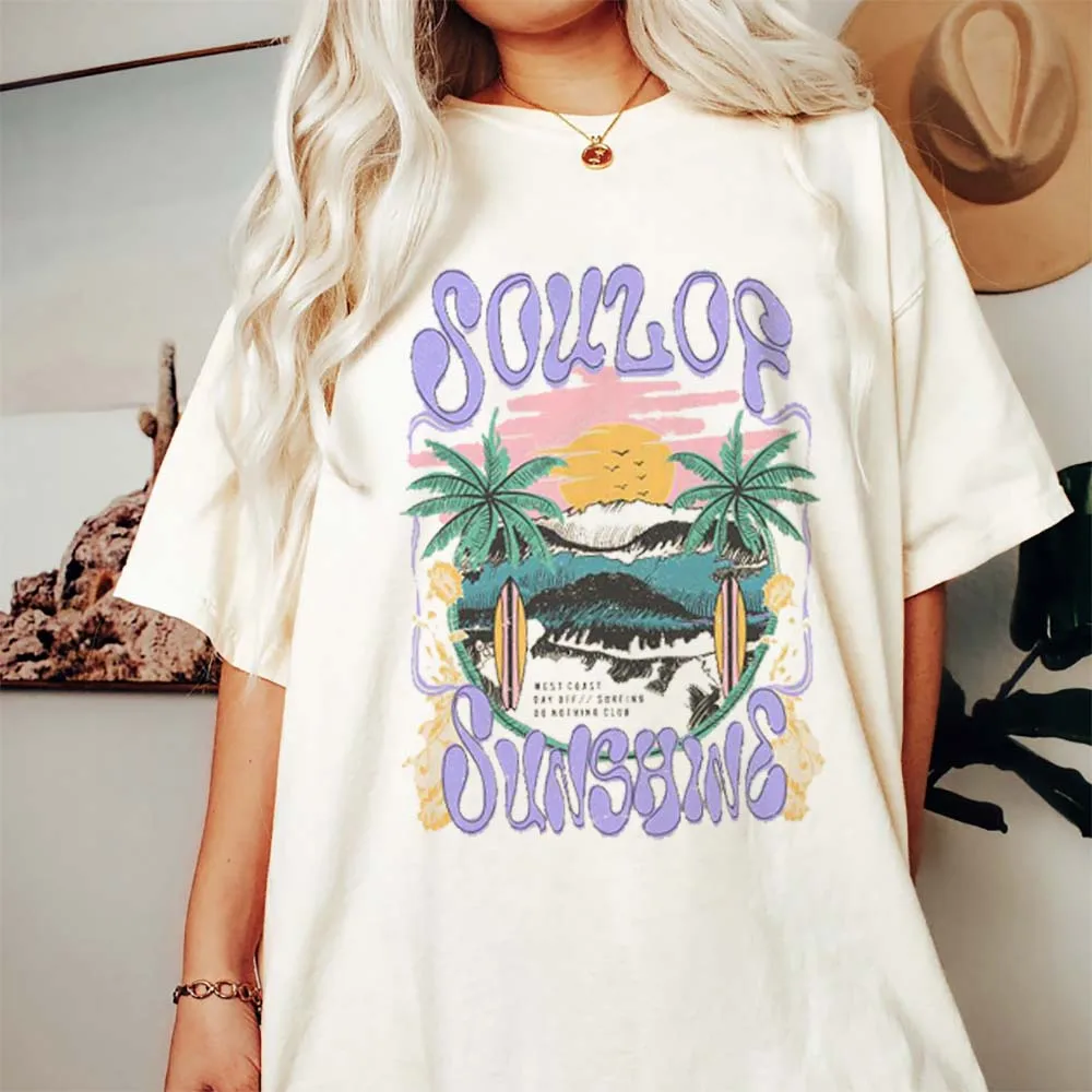 Surfboard Surfing Beach T-Shirt Trendy and Fashionable Cartoon Print Pattern New Summer Top Women's O-Neck T-Shirt Cute T-Shirt