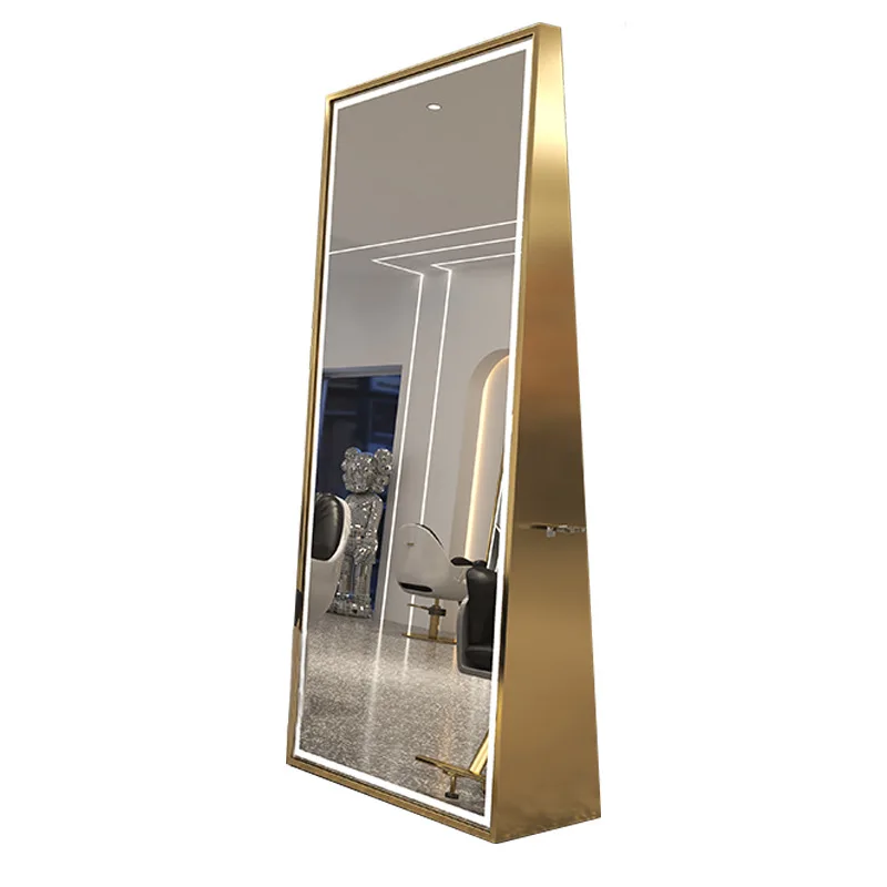 

Internet celebrity barber shop mirror stainless steel single double-sided full body floor mirror with lamp hair salon special ha