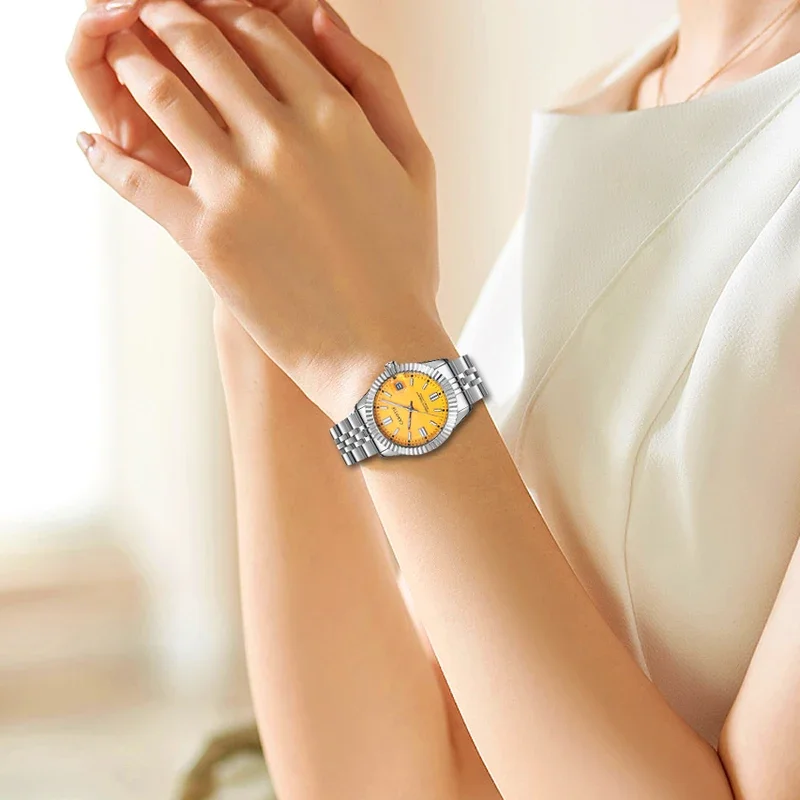 New Mechanical Watch for Women  Fashion Elegant Calendar Yellow Surface Exquisite and High end Women Mechanical wrist watches