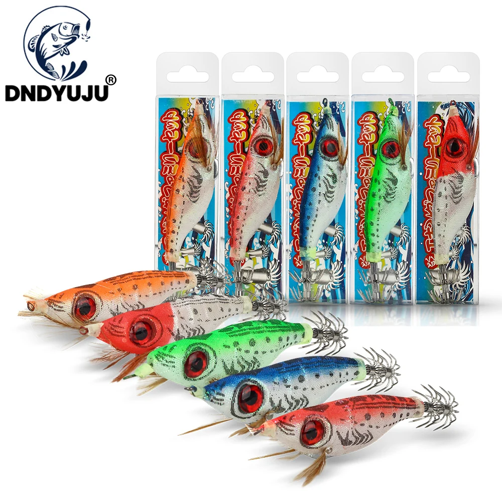 5PCS 3.5#Hook 10cm/9g Luminous Squid Jig Fishing Wood Shrimp Lure Squid Cuttlefish Jigs Lures Spinner bait Fishing Baits