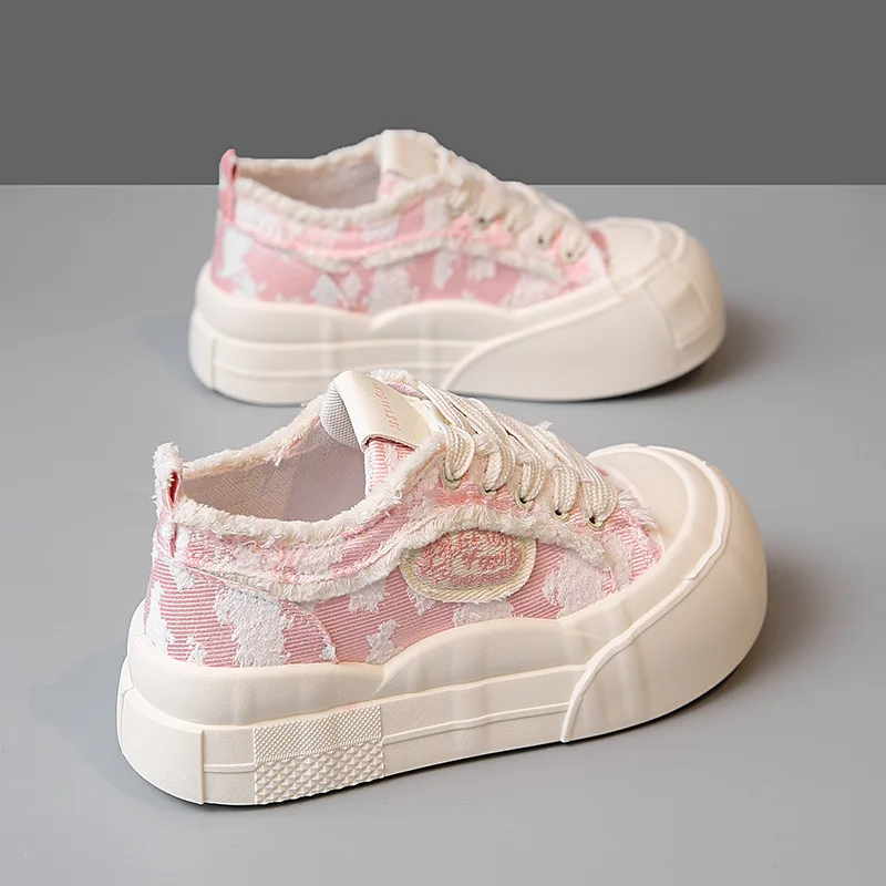 New low cut frayed canvas shoes for women casual laced up sneakers teen girls chunky trainers round toe pink sneakers woman shoe