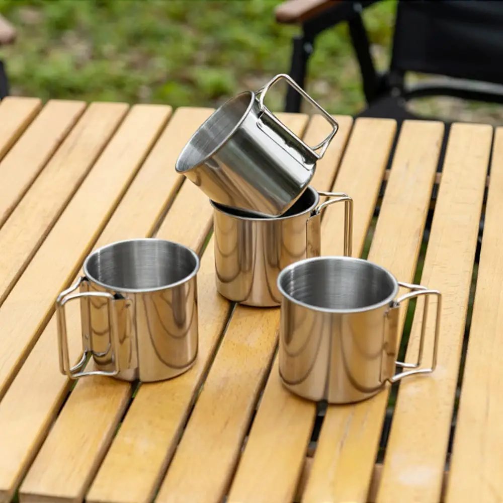 250/350/500ML Stainless Steel Camping Cup Portable Carabiner Cups Outdoor Water Cup Mug With Foldable Handle Kitchen Drinkware