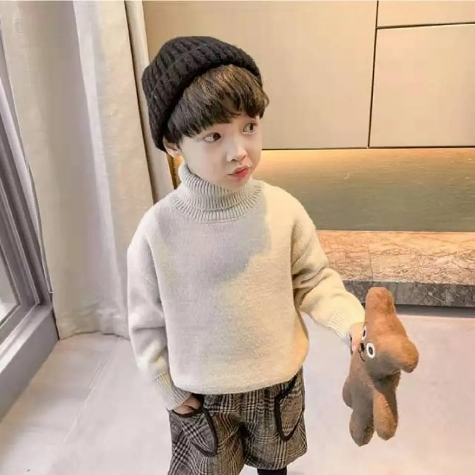 Children\'s Bottoming Shirt Autumn and Winter New Single-Layer Fleece-Lined Thick Sweater Turtleneck  Pullover Thermal Clothes