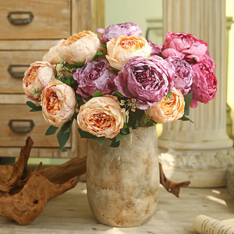 Artificial Peony Silk Fake Flower Wedding Photography Bouquet Home Living Room Garden Roasted Edge Peonys Flowers Decoration