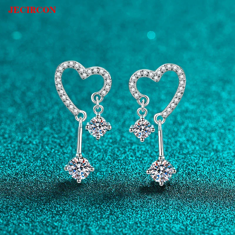 

JECIRCON S925 Sterling Silver Moissanite Earrings for Women Heart Shape Tassel Drop Earrings Sparkling Dangle Jewelry Sweet Gift